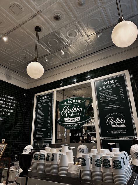 New York City Coffee Shops, Ralphs Coffee Aesthetic, New York Coffee Shop Aesthetic, New York Coffee Shop, Ralphs Coffee, Ralph Lauren Nyc, Upper East Side New York, Aesthetic Coffee Shop, East Side New York