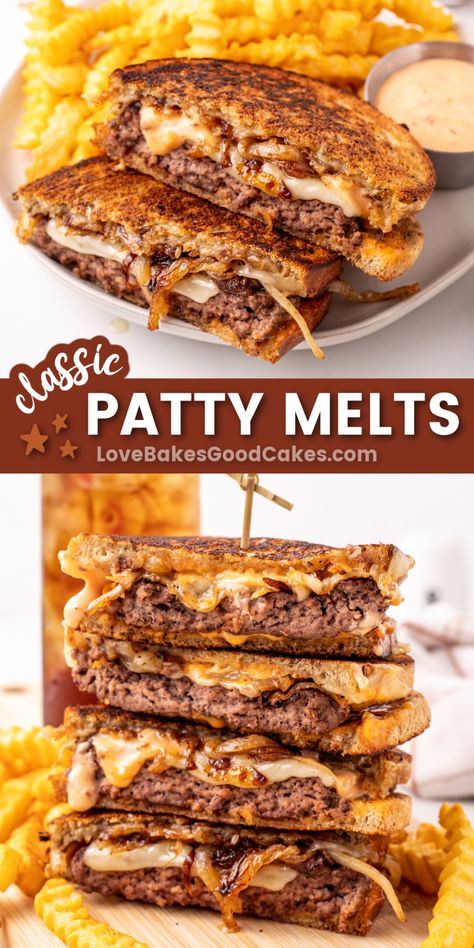 Classic Patty Melts pin collage Patty Melt Sandwich, Sassy Sandwiches, Hamburgers Recipes, Patty Melt Recipe, Sautéed Onions, Hamburger Patty, Boxed Lunch, Melt Recipe, Thousand Island