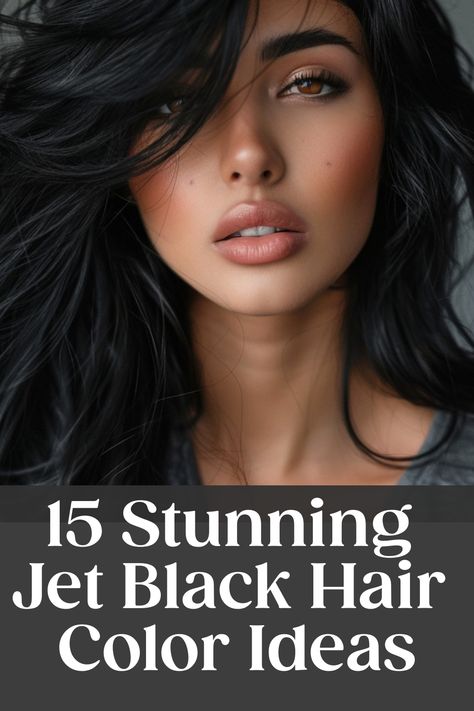 15 stunning jet black hair color ideas written over a woman with long, wavy black hair. Black Color Haircuts, Black Hair For Pale Skin, Best Hair Colour For Black Hair, Naturally Black Hair, Black Hair To Chocolate Brown, Dark Hair With Dark Lowlights, Black Onyx Hair Color, Best Dark Hair Color For Fair Skin, Dark Brown Hair For Green Eyes