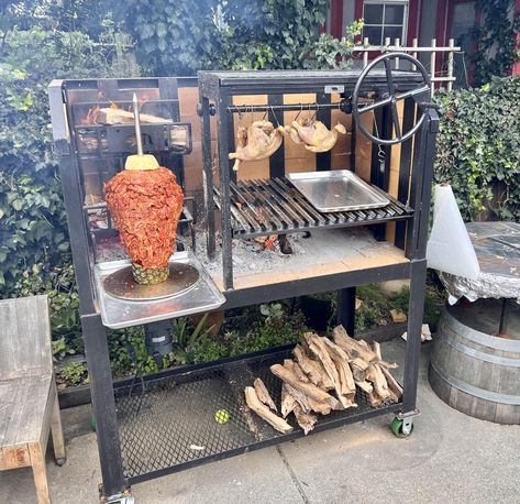 COMBO AL PASTOR GRILL (TROMPO) AND ARGENTINE HEARTH GRILL - NorCal Ovenworks Inc. Al Pastor Meat, Parilla Grill, Brazilian Bbq, Backyard Bbq Grill, Argentine Grill, Outdoor Grill Accessories, Campfire Grill, Brick Pizza Oven, Diy Bbq