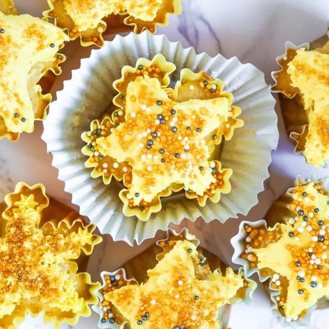 Star-Shaped Cupcakes - Mama's Buzz Space Themed Desserts, Two The Moon Birthday Party, Egg Free Cupcakes, Moon Birthday Party, Shaped Cupcakes, 1st Trip Around The Sun, Two The Moon, Moon Birthday, Star Cupcakes