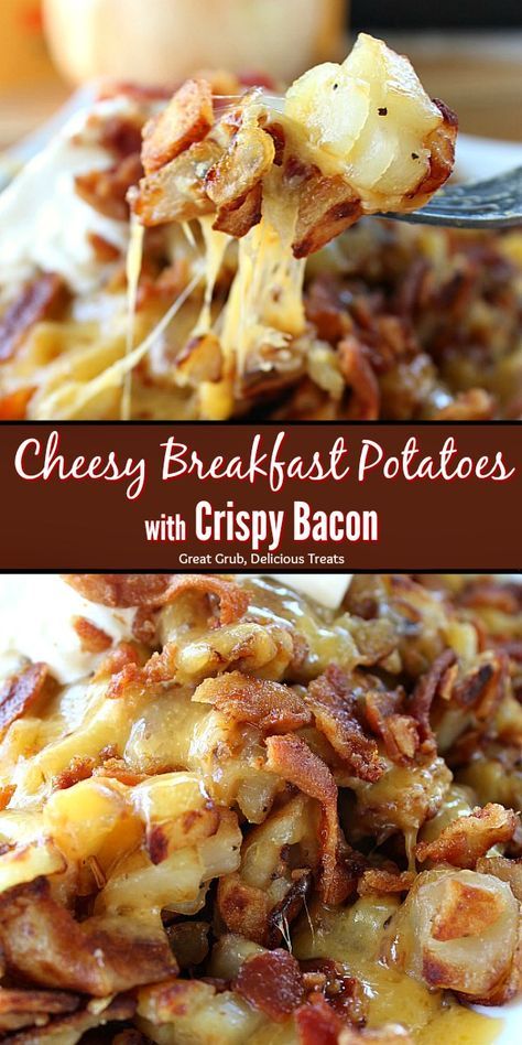 Cheesy Breakfast Potatoes with Crispy Bacon are perfect to add to the breakfast menu. They are loaded with cheese and crispy bacon then topped wth a dollop of sour cream. #breakfast #cheese #potatoes #bacon #greatgrubdelicioustreats Cheesy Breakfast Potatoes, Cheesy Breakfast, Potato Breakfast Recipes, Breakfast Sides Dishes, Breakfast Sides, Breakfast Appetizers, Breakfast And Brunch, Bacon Breakfast, Breakfast Potatoes