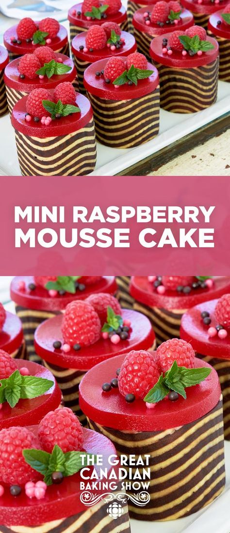 Recipe: Mini Raspberry Mousse Cakes | These mini cakes were the technical bake during The Great Canadian Baking Show's French Patisserie week. season 2 episode 7, homemade raspberry gelée recipes Gelee Recipe, Canadian Baking, Mousse Raspberry, British Baking Show Recipes, Raspberry Mousse Cake, Bake Off Recipes, Mousse Cake Recipe, Mousse Cakes, Raspberry Mousse