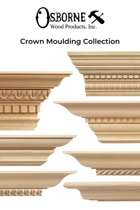 Image includes seven photos of different styles of crown moulding, from large carved drown mouldings that feature acanthus leaves, egg & dart, or dentil motifs to smaller, simpler, more contemporary styles. Oak Crown Molding, Victorian Moulding, Showroom Elevation, Wooden Cornice, Collage Cutouts, Classical Kitchen, Unfinished Wood Furniture, Entry Door Designs, Old Money House