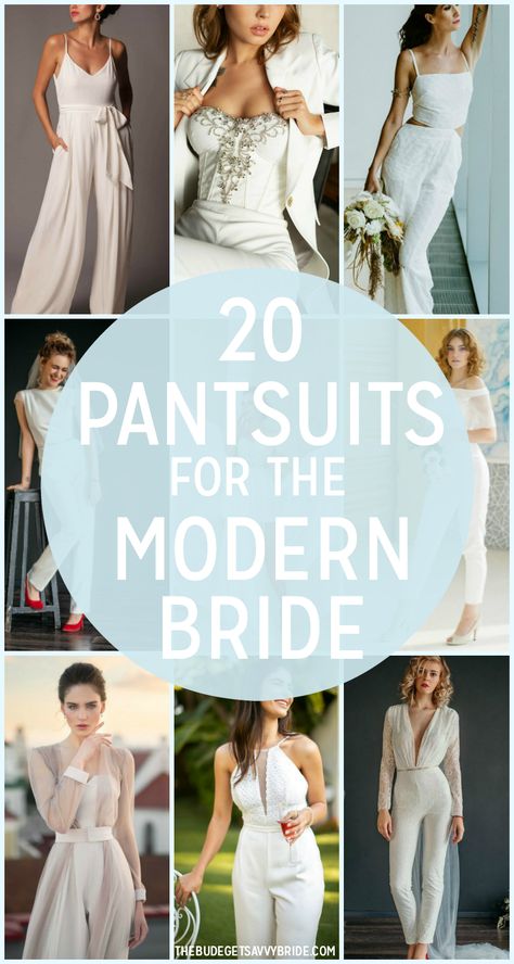 Jumpsuits and Pantsuits for the modern bride    #weddingdress #weddingdresses #bridalgown #bridalgowns #weddinggown #weddings #bride #dreamdress #bridalcollection #bridaldress #dress Cool Wedding Outfits Women, Brides Pantsuit, Wedding Bride Pantsuit, Alternative Wedding Outfit Brides, Masc Bride Outfit, Bride Pants Outfit, White Pantsuit Wedding, Wedding Pantsuit The Bride, Bride Reception Outfit