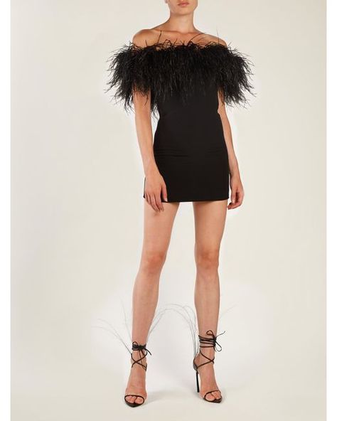 Saint Laurent - Black Off-the-shoulder Feather-trimmed Dress - Lyst Feather Dress Short, Dress With Feathers, Feather Fashion, Feather Dress, Glam Dresses, Fancy Outfits, Looks Style, Looks Vintage, Look Fashion