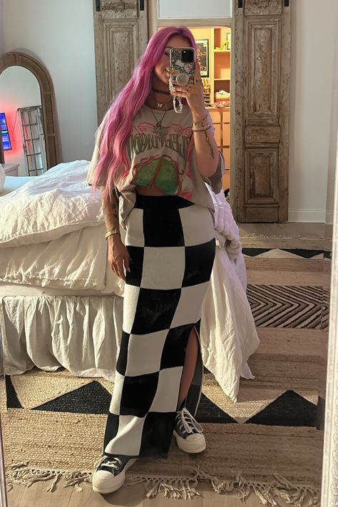 Checker Skirt Outfit, Checkerboard Skirt Outfit, Funky Blazer Outfits For Women, Cute Cold Spring Outfits, Checkered Maxi Skirt Outfit, Edgy Colorful Outfits, Colorful Edgy Outfits, Colorful Alternative Outfits, Dressed In Lala Outfits