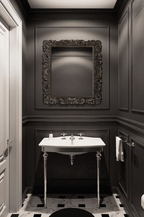 Color Drench Small Bathroom, Bathroom Reference, Home Decor Ideas Vintage, Black Powder Room, Wall Molding Design, Gothic Bathroom, Toilet Ideas, Simple Bathroom Designs, Bathroom Paneling