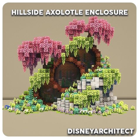 DisneyArchitect | Hillside Axolotl Enclosure 🍀🌿 Rate this build 1-10 in the comments! Join my Discord server linked in my… | Instagram Axolotl Enclosure, Cute Things To Build In Minecraft, Minecraft Build House, Minecraft Banner Designs, Bangunan Minecraft, Minecraft House Plans, Minecraft Banners, Minecraft Cottage, Minecraft House Tutorials