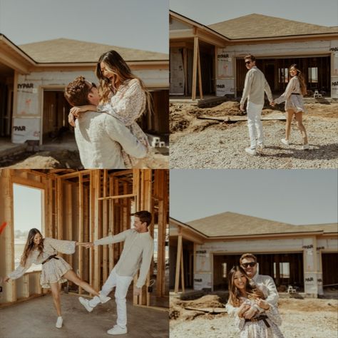 Home Build Photoshoot, Home Building Photoshoot, Couple New Home Photoshoot, House Framing Photoshoot, Couple First House Pictures, New House Picture Ideas, Home Renovation Photoshoot, We Bought A House Picture, Framed House Photoshoot