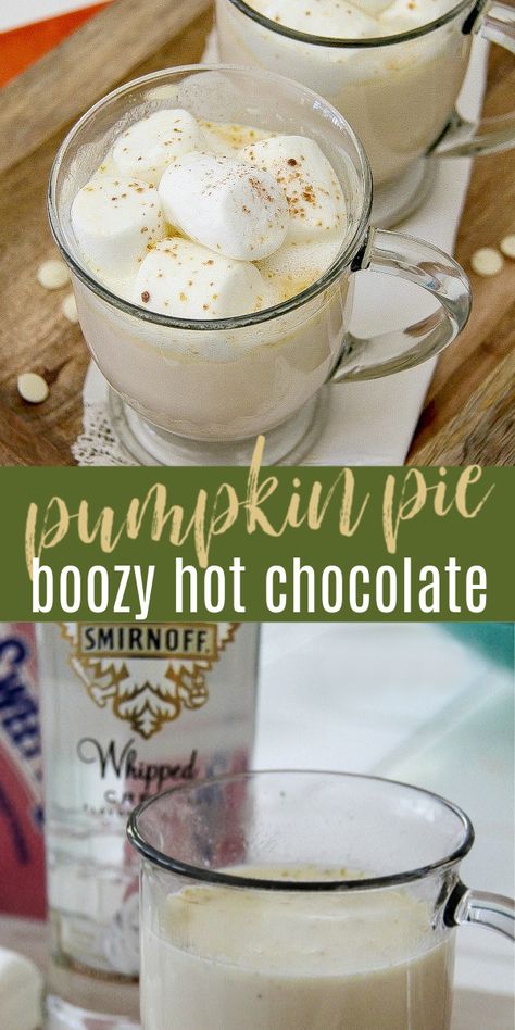 Spiked Pumpkin Pie White Hot Chocolate | Tonya Staab Diy Halloween Food, White Hot Chocolate Recipe, Whipped Cream Vodka, Fall Recipes Pumpkin, Barbie Gifts, Hot Chocolate Recipe, White Hot Chocolate, Chocolate Recipe, Hot Chocolate Recipes