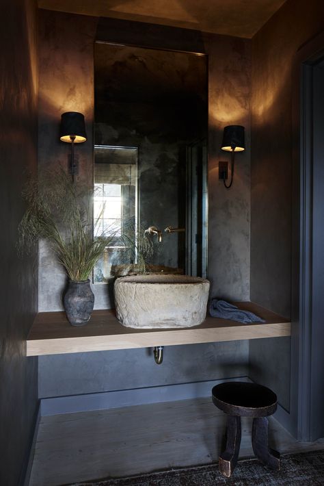 Dark Powder Room, Call Her Daddy, Dark Bathroom Ideas, Portola Paint, Alex Cooper, Lime Wash, Dark Bathrooms, Country Retreat, Powder Bath