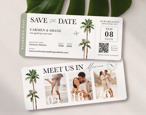 Destination Wedding Boarding Pass 3 Photo QR Code Palm Trees Travel Theme Save the Date Invitation by Luckyladypaper - PLEASE SCROLL THROUGH ALL PHOTOS AND READ ALL DETAILS IN THIS LISTING BEFORE PLACING AN ORDER! Destination Wedding Boarding Pass Save the Date or Tropical Invitation in Gold Foil and Marble by Luckyladypaper - PLEASE READ ALL DETAILS IN THIS LISTING BEFORE PLACING AN ORDER! When purchasing this listing, please select from the Purchase Options dropdown menu to either select the Hard Copy Sample set or Customized Deposit. ♥ If you select the HARD COPY SAMPLE OPTION, you are purchasing a set of hard copy generic samples of the Boarding Pass Save the Date Invitation, printed on each of the different paper choices, along with all of the different envelope choices so you can see Goa Destination Wedding, Save The Date For Destination Wedding, Mexico Wedding Invites, Cabo Save The Date, Beach Save The Date Ideas, Save The Date Ideas Destination Wedding, Save The Date Beach Ideas, Mexico Wedding Destination, Destination Wedding Invites