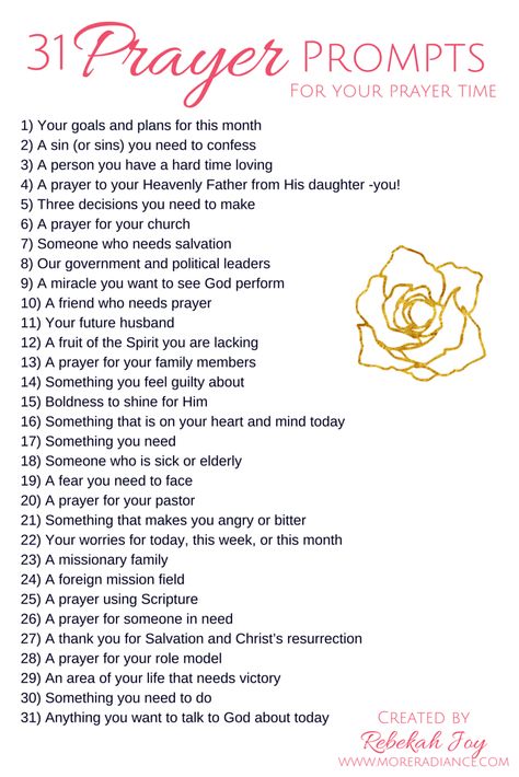 31 Prompts for Your Prayer Time + a Challenge - More Radiance Creative Prayer Ideas, Prayer Prompts, Prayer Ideas, Prayer Closet, Prayer Time, Prayer Times, Prayer Board, Prayer Room, Prayer Scriptures