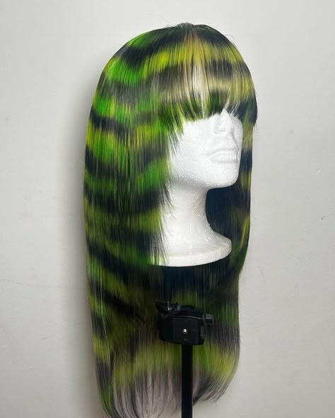 Scene Hair Wig, Black And Green Wig, Green And Silver Hair, Creative Color Hair, Crazy Wigs, Zebra Print Hair, Hair Wrap Ideas, Green Hairstyles, Zombie Hair