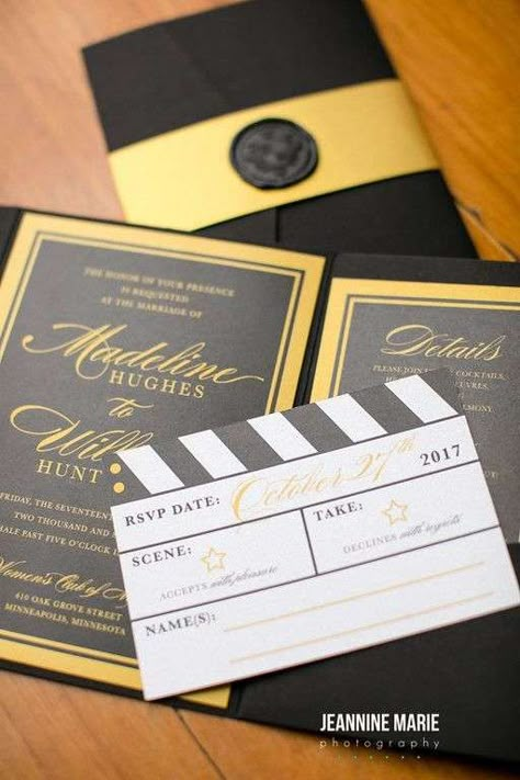 Hollywood Wedding Theme 9 Oscars Invitation Card, Movie Premiere Invitation, Movie Theater Theme Wedding, Movie Premiere Wedding Theme, Movie Wedding Invitations, Movie Themed Wedding Invitations, Old Hollywood Party Invitations, Theater Wedding Ideas, Cinema Wedding Theme