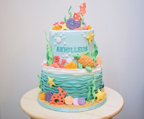 My take on an under the sea themed cake! Cake With Sea Theme, Birthday Cake Under The Sea, Under The Sea Cake Boy, Under The Sea Cake Ideas, Under The Sea Theme Cake, Sea Theme Cake, Under The Sea Birthday Cake, Sea Birthday Cake, Ocean Birthday Cakes