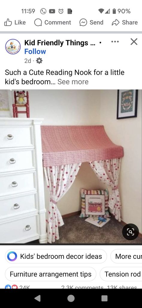 Book Nook Ideas, Tension Rod Curtains, Book Nook Kids, Pan Storage, Tension Rods, Girls Playroom, Nook Ideas, Curtain Styles, Easy Books