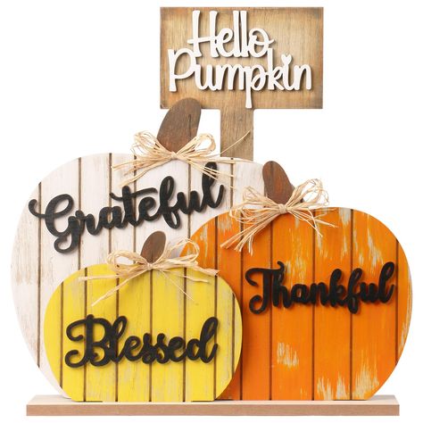 PRICES MAY VARY. ATMOSPHERE CREATOR: Fall pumpkin Thanksgiving tabletop decorations have very traditional and classic elements, matched with white "Grateful", yellow "Blessed", orange "Thankful" and the brand "Hello Pumpkin", bringing a Thanksgiving feeling to your home. They will be the perfect complement to your Thanksgiving party's autumn decoration! SIZE: Three Thanksgiving pumpkin shaped wooden sign with dimensions of "Grateful" 10 * 10 inches, "Thankful" 7.8 * 8.18 inches, and "Blessed" 6. Farmhouse Party Decor, Thanksgiving Dining Table Decor, Harvest Party Decorations, Thanksgiving Dining Table, Thanksgiving Tabletop Decor, Farmhouse Party, Thanksgiving Dining, Fall Decorations For Home, Youth Decor