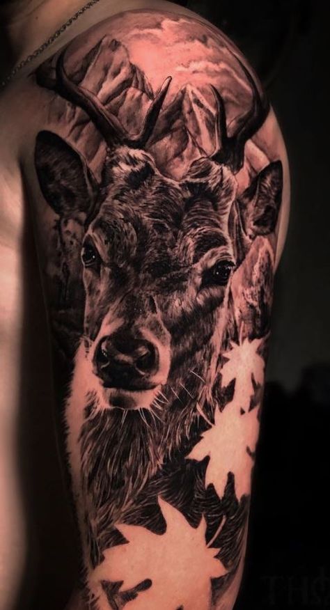 Deer Sleeve Tattoo, Realistic Animal Tattoos, Deer Hunting Tattoos, Deer Tattoos, Deer Skull Tattoos, Deer Tattoo Designs, 2024 Tattoo, Wildlife Tattoo, Hunting Tattoos