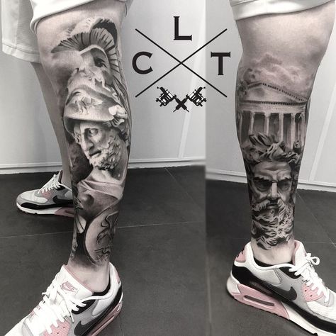 Ancient Greece Tattoo, Gods Tattoo, Greece Tattoo, Black And Gray Tattoo, Greek God Tattoo, Poseidon Tattoo, Gray Tattoo, Zeus Tattoo, Shin Tattoo