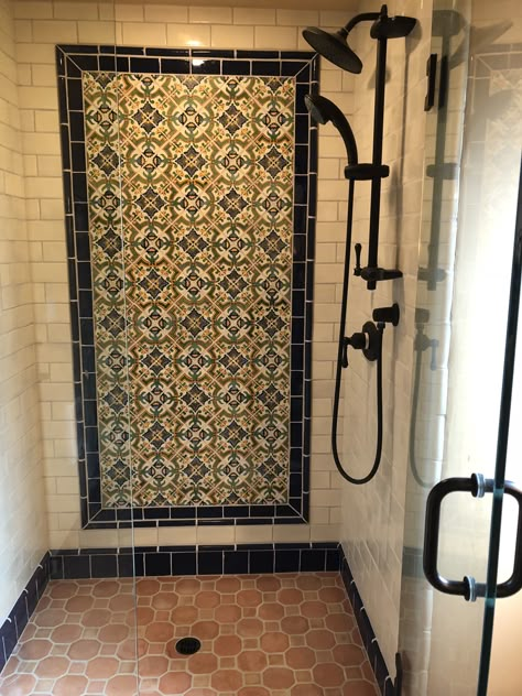 hand made hand painted spanish tile Talavera Tile Bathroom Ideas, Spanish Moroccan Bathroom, Spanish Shower Ideas, Bathroom Spanish Tiles, Spanish Style Shower Ideas, Spanish Revival Bathroom Ideas, Mexican Tile Shower Ideas, Modern Mexican Bathroom Ideas, Modern Mexican Bathroom