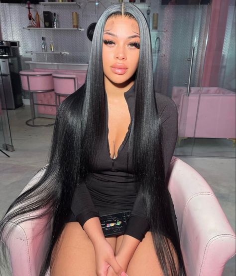 Straight Black Hair Middle Part, Straight Middle Part Sew In, Middle Part With Curls, Straight Black Hair, Middle Part Hairstyles, Sew In Hairstyles, Hairstyle Idea, Quick Natural Hair Styles, Dyed Hair Inspiration