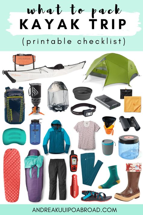 Overnight Kayak Trip Packing List: Everything I Packed + [Printable Checklist] - Andrea Kuuipo Abroad Kayaking Essentials, Beach Trip Packing List, Trip Outfit Summer, Beach Trip Packing, Kayaking Outfit, Trip Packing List, Kayaking Tips, Trip Outfit, Canoe Camping