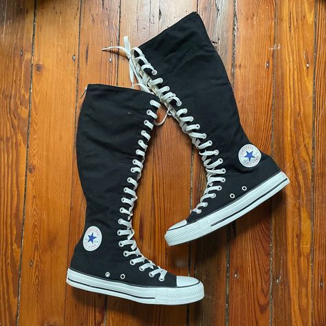 Y2k Knee High Black Converse Sneakers Size 8 High Black Converse, Knee High Top Converse, Converse Y2k, Long Converse, Knee High Converse Outfit Scene, Converse Knee High, Scene Knee High Converse, Knee High Converse Emo, Knee High Sneakers