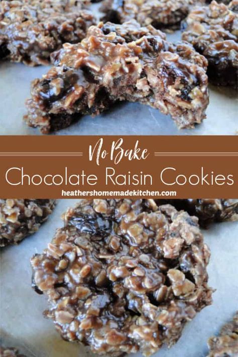 No Bake Oatmeal Raisin Cookies, Raisin Recipes Baking, Chocolate Raisin Cookies, Raisin Cookie Recipe, Waffle Cone Recipe, Oatmeal No Bake Cookies, Bake Sweets, Chocolate Covered Raisins, Chocolate No Bake Cookies