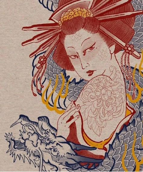 Traditional Japanese Woman Tattoo, Traditional Japanese Geisha Drawing, Traditional Japanese Art Tattoo, Japanese Drawing Traditional, Traditional Japanese Geisha Art, Japanese Tattoo Art Geisha, Irezumi Geisha, Traditional Geisha Tattoo, Japanese Traditional Geisha