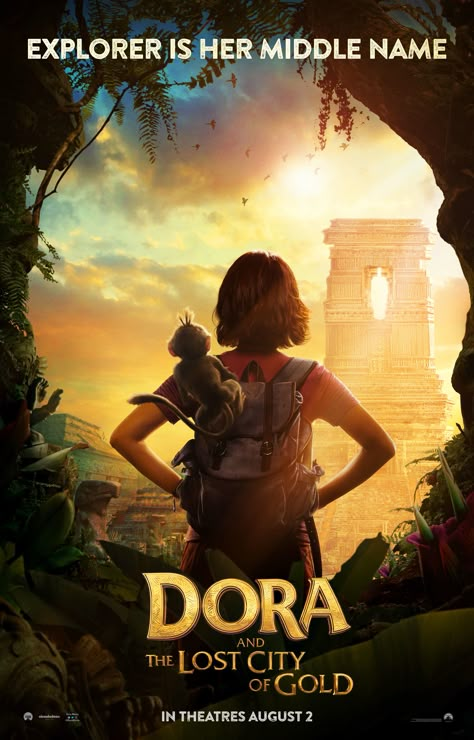 In theaters August 2, 2019 Dora Movie, Les Goonies, Gold Movie, Lost City Of Gold, Action Movie Poster, City Of Gold, Isabela Moner, 타이포그래피 포스터 디자인, The Lost City