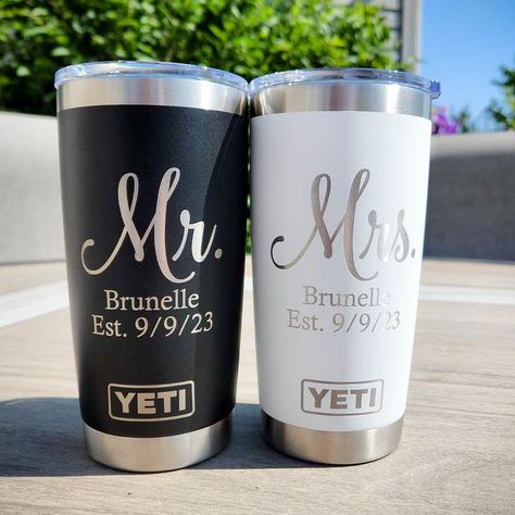 Mr. and Mrs. YETI Engraved Tumbler | Engraved Tumbler | Wedding Gift | Engagement Gift | Bride Tumbler | YETI Tumbler | Bridal Shower Gift Laser engraved matching tumblers are perfect to commemorate your big day!   Choose from black and/or white genuine YETI Rambler tumblers.  Other colors are available as well.   *If you wish to purchase a Mr. and Mrs. pair, please make sure you add both tumblers to your cart.  These are not sold as a set. PRODUCT SPECS: *This powder coated tumbler will be engr Engraved Yeti Tumbler, Matching Tumblers, Bride Tumbler, Biker Wedding, White Tumbler, Yeti Rambler Tumblers, Engraved Yeti, Powder Coated Tumblers, Country Theme Wedding