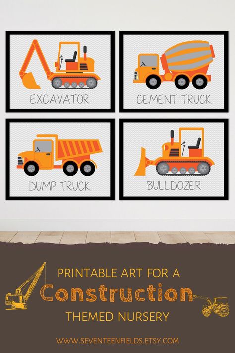 Construction Theme Nursery Ideas, Construction Nursery Baby Boy, Heavy Equipment Nursery, Trucks Nursery Theme, Boys Construction Room, Kids Construction Wall Art, Construction Room, Construction Decor, Colorful Nursery Decor