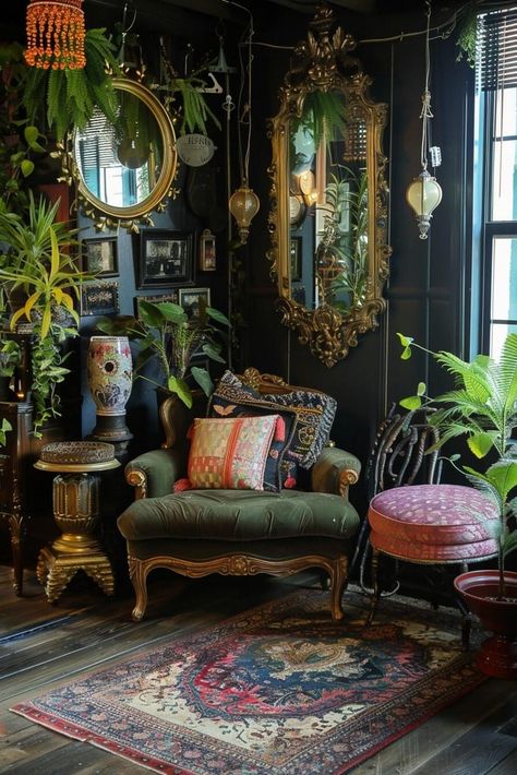 25 Eclectic Maximalism Ideas to Make Your Home Feel Like a Treasure Trove Gothic Maximalism, Dark Eclectic Home, Dark Boho Living Room, Bohemian Lounge, Maximalist Living Room, Gothic Bohemian, Colorful Pendant Light, Eclectic Maximalism, Boho Living Room Ideas