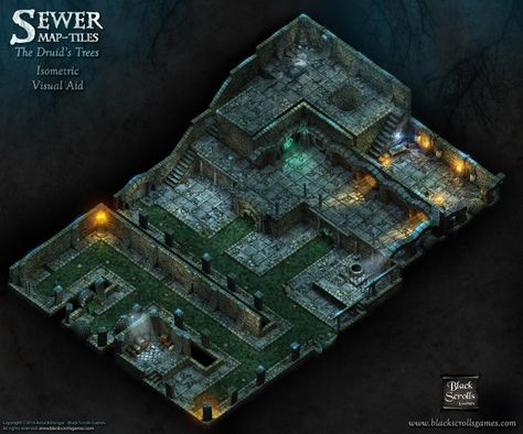 Sewer Map-tiles, The Druid's Trees (Visual Aid) by BSGTony on DeviantArt Fantasy House Interior, Pathfinder Maps, Underground Map, Isometric Map, Dnd World Map, Tabletop Rpg Maps, Rpg Maps, Visual Aid, Rpg Map