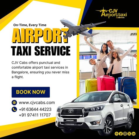 On-Time, Every Time – The Best Airport Taxi Service in Bangalore! Need a reliable ride to the airport? CJV Cabs offers punctual and comfortable airport taxi services in Bangalore, ensuring you never miss a flight. With professional drivers, clean vehicles, and affordable rates, we make your airport transfers stress-free. Book with us and experience seamless service, whether it’s a pick-up or drop-off. Choose CJV Cabs for your next airport journey! 📞 +91 63644 44223 / +91 97411 11707 🔗 www.cj... Instagram Branding Design, Airport Taxi, Instagram Branding, Drop Off, Taxi Service, Miss A, Bangalore, Flight, You Never