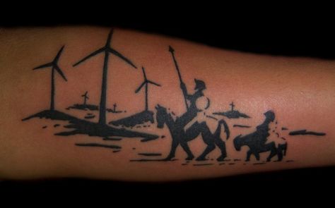 ⏰ Windmill /Wind Turbine photo of the day. Following up on the Don Quixote theme, a wind turbine tattoo! Wind Turbine Tattoo, Don Quixote Tattoo, Windmill Tattoo, Karma Tattoo, Texas Tattoos, Nerd Tattoo, Literary Tattoos, Dad Tattoos, Face Tattoos