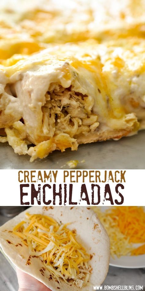 Creamy Pepper Jack Chicken Enchiladas Recipe Pepperjack Enchiladas, Pepper Jack Chicken, Jack Chicken, Cream Cheese Enchiladas, Chicken Enchiladas Recipe, Chili Relleno, Cheese Enchiladas, Enchiladas Recipe, Chicken Enchilada Recipe