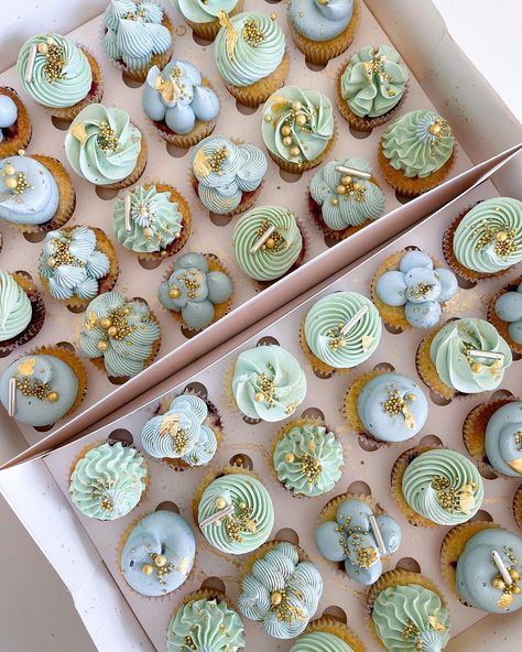 Dusty Blue Cupcakes, Baby Shower Cupcakes Boy, Baby Blue Cupcakes, Baby Boy Shower Cupcakes, Blue And Green Dessert Table, Boy Cupcakes, Cupcake Flavours, Blue And White Cupcakes, Sage Green And Blue Cupcakes