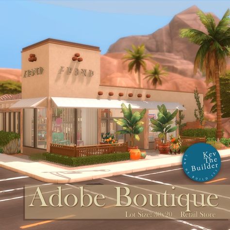 Adobe Boutique - CC Feature | Patreon Sims 4 Boutique, Mid Century Aesthetic, Minimalist Sofa, Sims 4 Builds, Sims 4 Build, New Generation, Organic Shapes, Mid Century Design, Retail Store