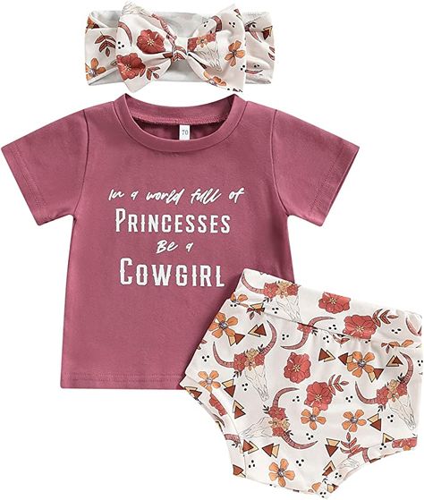 Engofs Newborn Baby Girl Summer Clothes Short Sleeve T-Shirt Romper Tops Shorts Set Headband 3Pcs Toddler Outfits Western Shorts, Western Baby Girls, Baby Clothes Country, Girl Western, Cowgirl Outfit, Tassel Shorts, Western Clothes, Band Outfits, Summer Baby Clothes