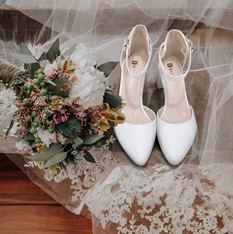 White Pumps Wedding, Classic Wedding Shoes, Closed Toe Wedding Shoes, Blue Dress Shoes, Heels Comfortable, Wedding Pumps, White Wedding Shoes, Low Block Heels, Dress And Heels