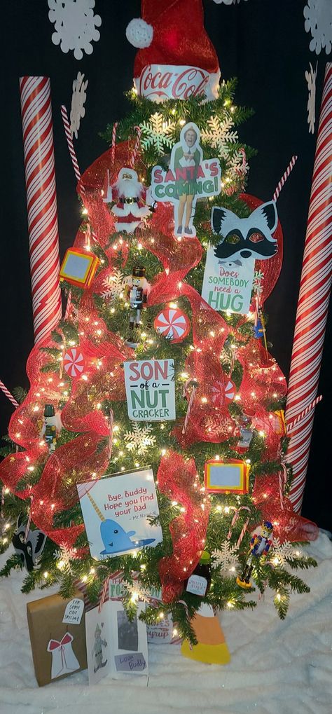 Elf The Movie Office Decorating Ideas, Elf Theme Office Decorations, Elf Movie Cubicle Decorations, Buddy The Elf Themed Christmas Tree, Buddy The Elf Themed Christmas Party, Elf Movie Christmas Decorations, Buddy The Elf Tree Christmas, Buddy The Elf Tree, Buddy The Elf Christmas Decorations