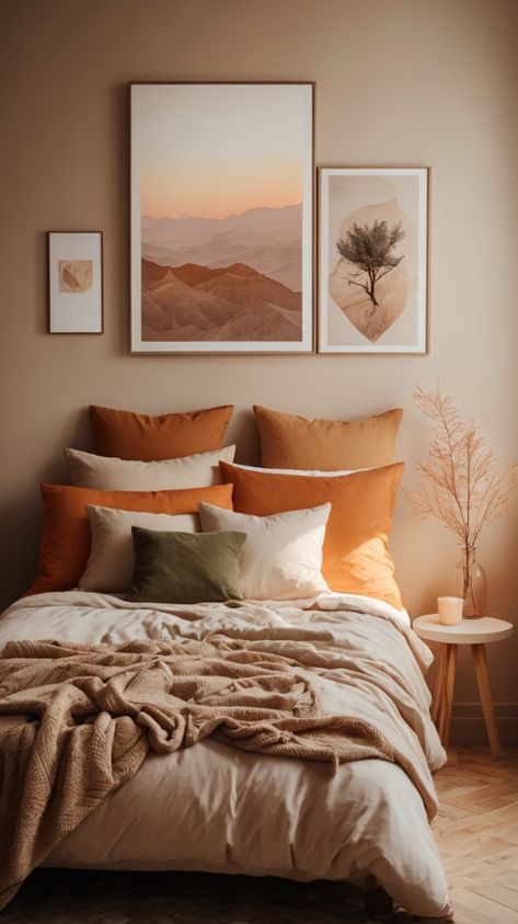 Neutral And Orange Bedroom, Orange Bedroom Color Schemes, Sunset Colors Bedroom, Bedroom With Orange Bedding, Pale Orange Bedroom, Dusty Orange Bedroom, Sage And Orange Bedroom, Pastel Orange Bedroom, Light Orange Bedroom