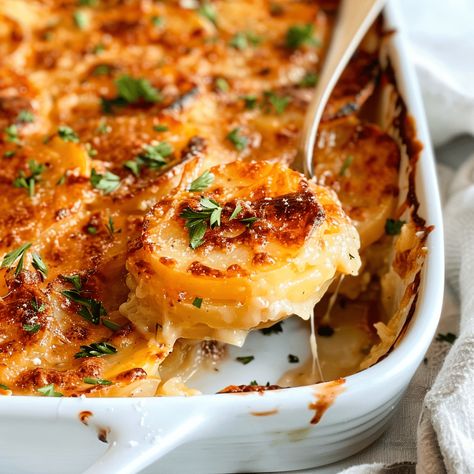 Creamy, cheesy Potatoes Au Gratin made with red potatoes, onions, cheddar, and gruyere. Perfect side dish for any meal. Ready in 1 hour! Best Potatoes Au Gratin, Potatoes Au Gratin Recipe, Creamy Cheesy Potatoes, The Best Potatoes, Best Potatoes, Red Potato Recipes, Au Gratin Potato Recipes, French Potatoes, Au Gratin Recipes