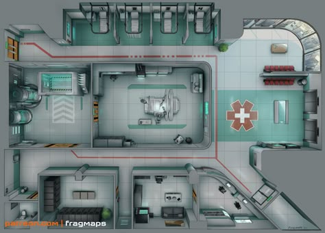 cyberpunk hospital trauma ward Sci Fi Battle Map, Scifi Battle Map, Hospital Battlemap, Hospital Rpg Map, Cyberpunk Hospital, Hospital Concept Art, Modern Battle Map, Sci Fi Hospital, Sci Fi Map