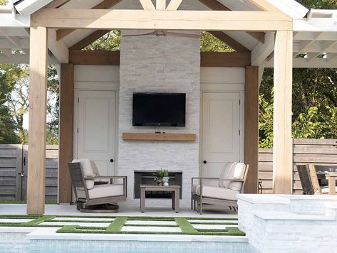 Outdoor Bonus Room By Pool, Outdoor Bonus Room, Backyard Patio Cover, Beachy Paint Colors, Backyard Entertaining Ideas, Outdoor Patio Fireplace, Pool Backyard Design, Guest Pool House, Outdoor Pool Ideas