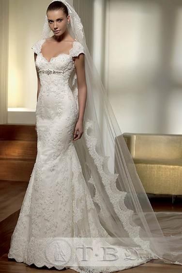 Charming Floor-length Capped Sleeves Lace Chapel Train Wedding Dresses Spanish Wedding Dresses, Spanish Lace Wedding Dress, Spanish Style Wedding Dress, Spanish Wedding Dress, Spanish Style Wedding, Mermaid Trumpet Wedding Dresses, San Patrick, Chapel Train Wedding Dress, Spanish Dress