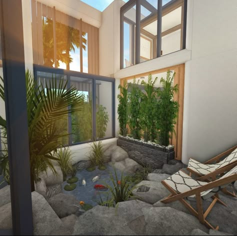 Boho Blocksburg House, Bloxburg Spa Exterior, Bloxburg Backyard Ideas Aesthetic With Pool, Bloxburg Modern Tropical House, Bloxburg Coffee Table, Tropical Bloxburg House, Bloxburg Landscaping, Bloxburg Resort, Boho Bloxburg House